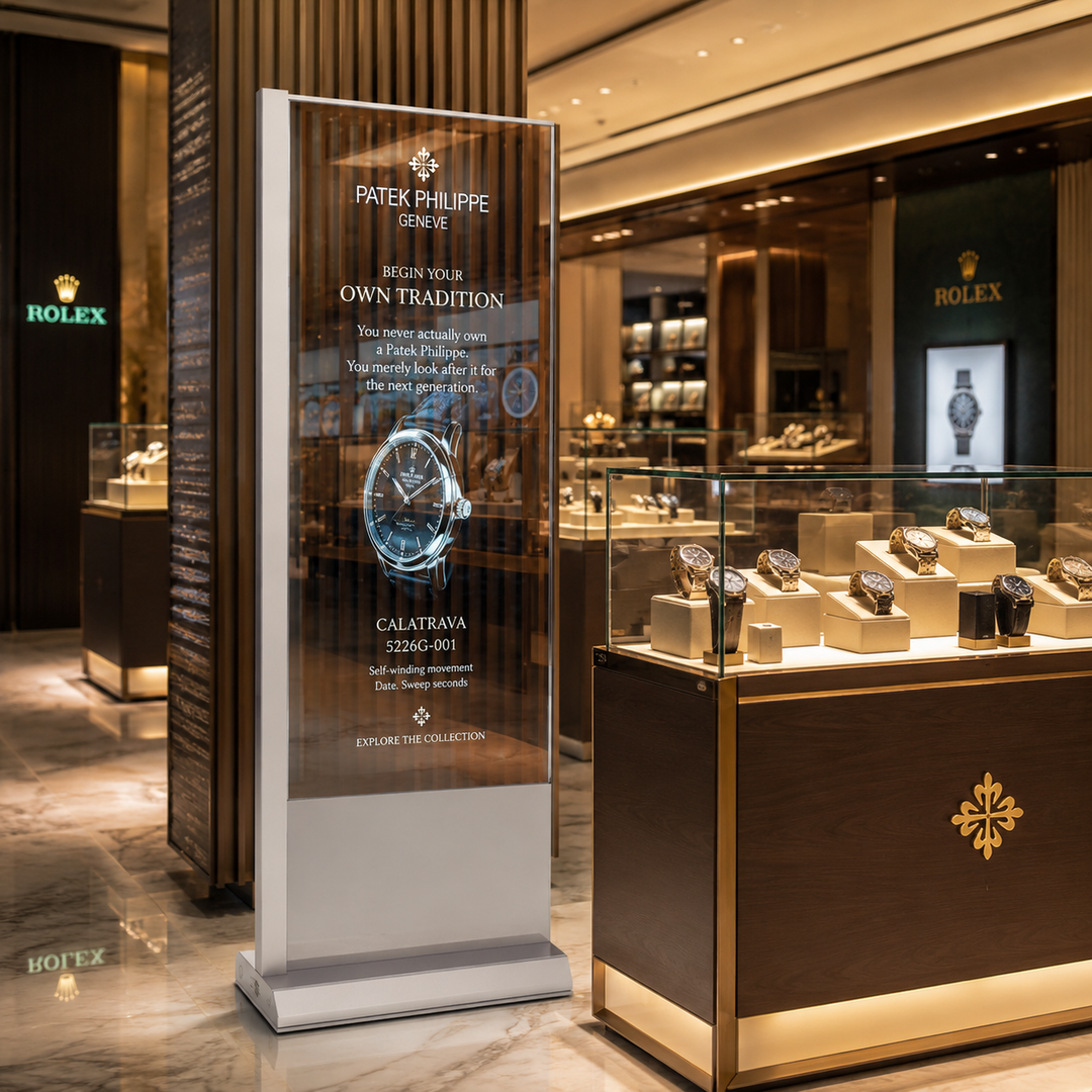 LG Transparent OLED art display installed in a luxury jewellery boutique, combining digital storytelling with premium product presentation.