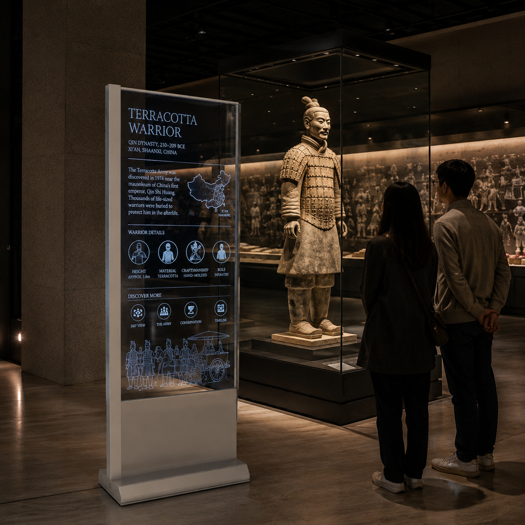 LG Transparent OLED museum display showcasing interactive digital information beside a Terracotta Warrior exhibit in a modern museum gallery.