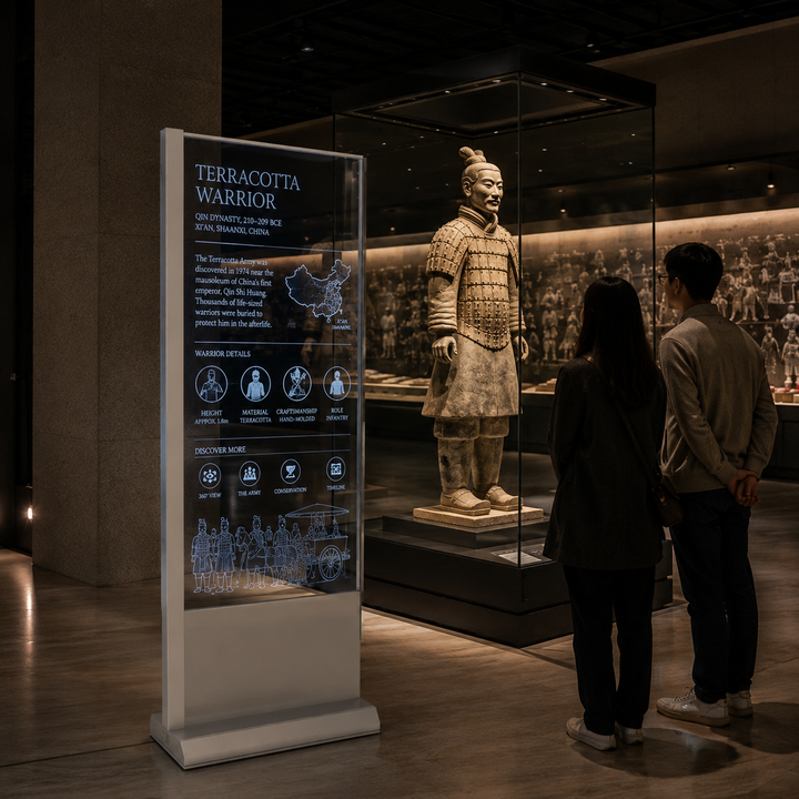 LG Transparent OLED museum display showcasing interactive digital information beside a Terracotta Warrior exhibit in a modern museum gallery.
