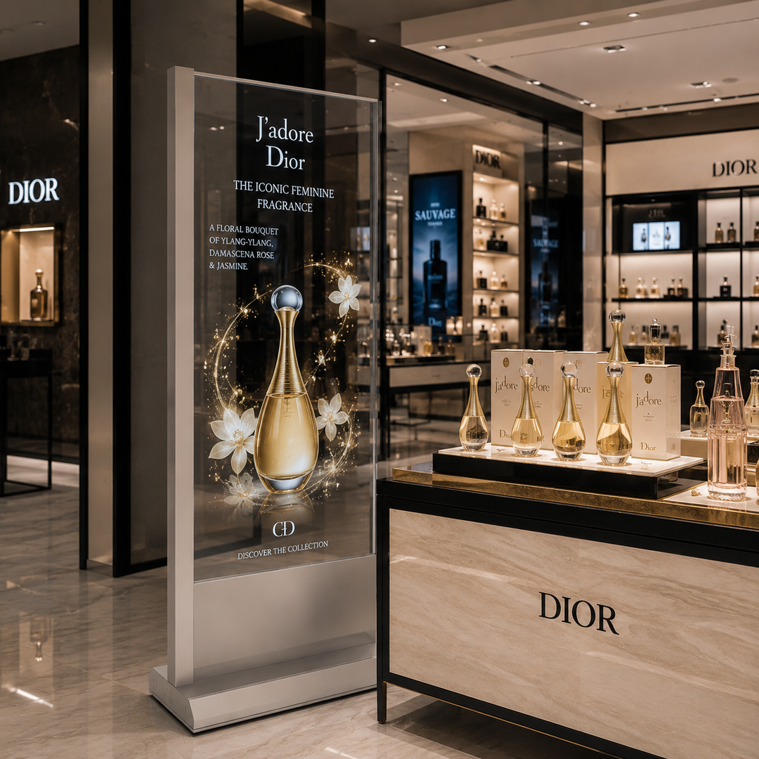 LG Transparent OLED display used in a luxury perfume and cosmetics store, creating immersive digital content around premium fragrance products.