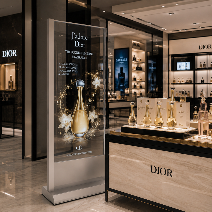 LG Transparent OLED display used in a luxury perfume and cosmetics store, creating immersive digital content around premium fragrance products.