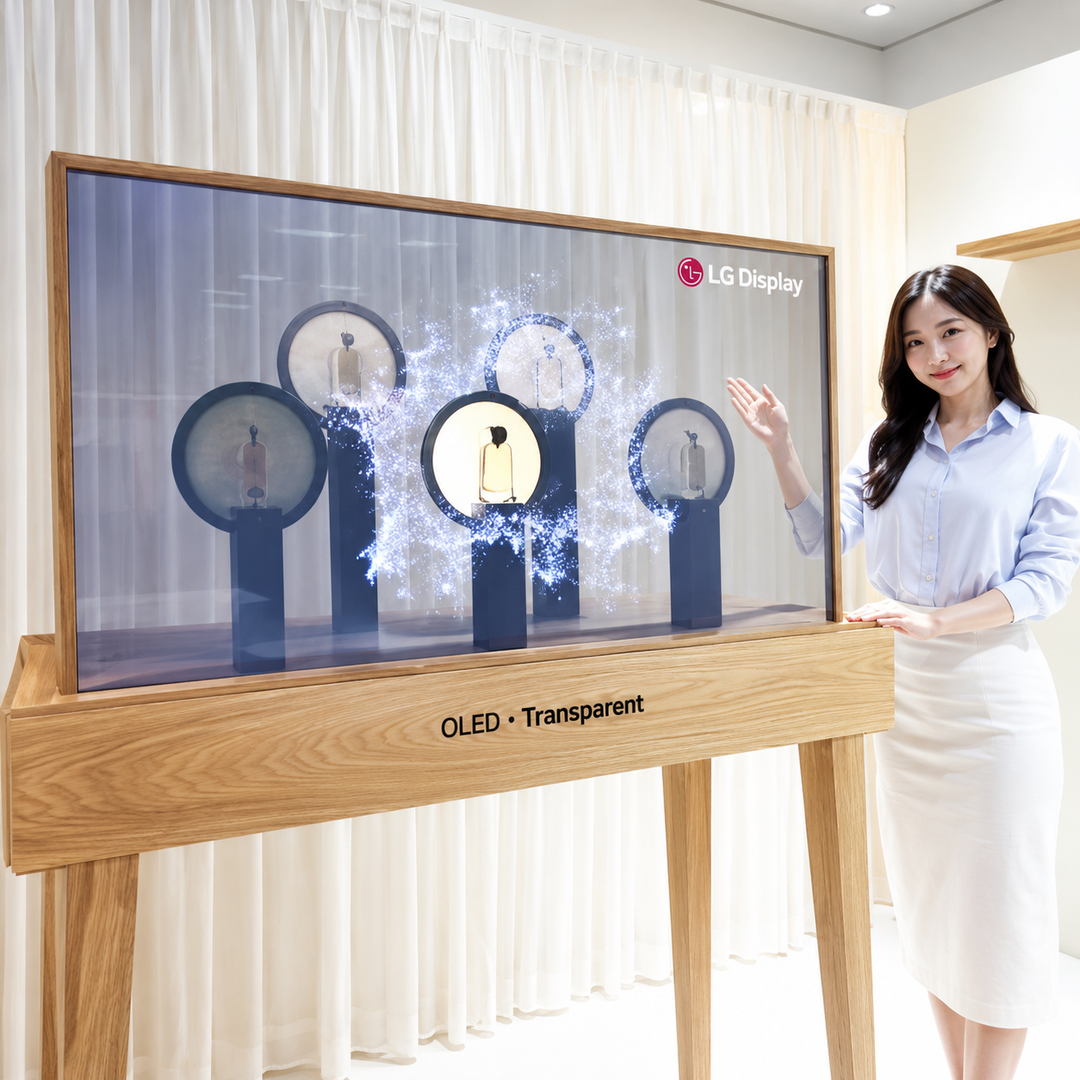 Custom LG Transparent OLED showcase display for luxury perfume, cosmetics and beauty retail presentations