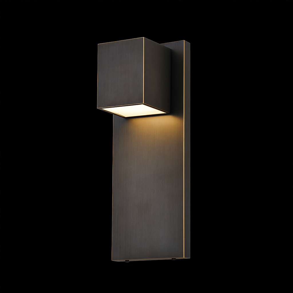 Linea brass outdoor wall light with a minimalist cube head and downward LED illumination in a matte black finish.