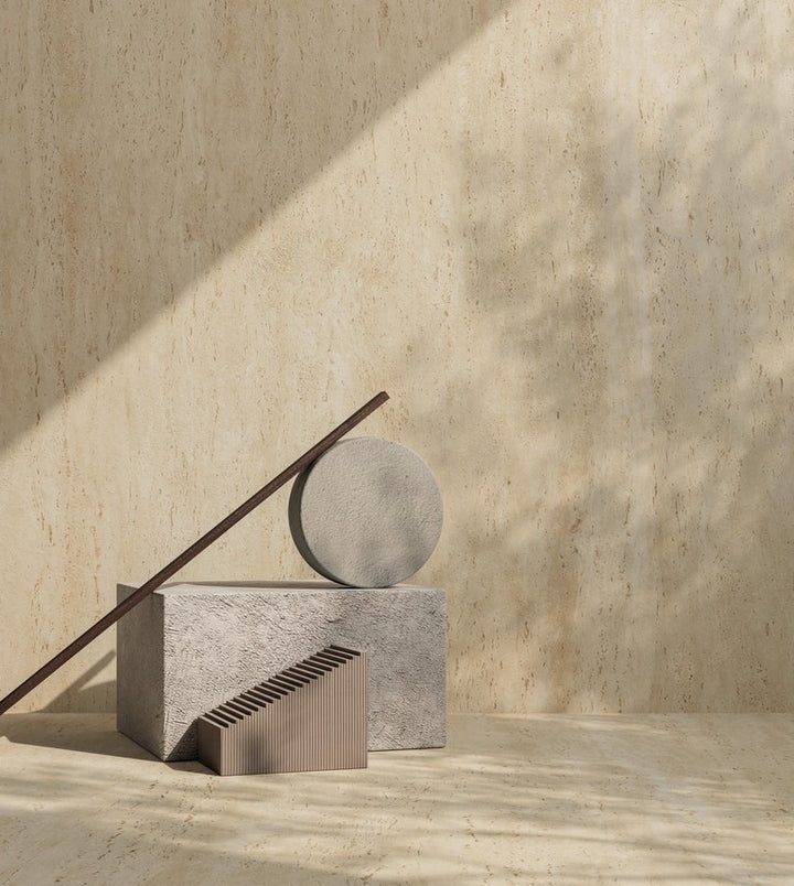 Linear Travertine architectural wall panels with minimalist interior styling