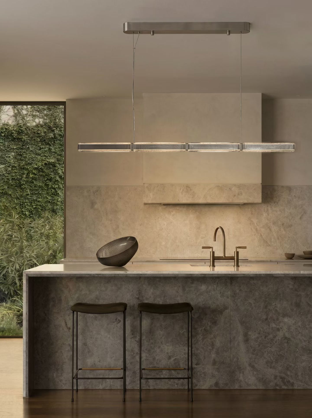 Lucretia Arctic Linear Square Pendant Light above a modern kitchen island featuring Scandinavian-inspired LED linear lighting with crystal detailing and brushed aluminium finish.
