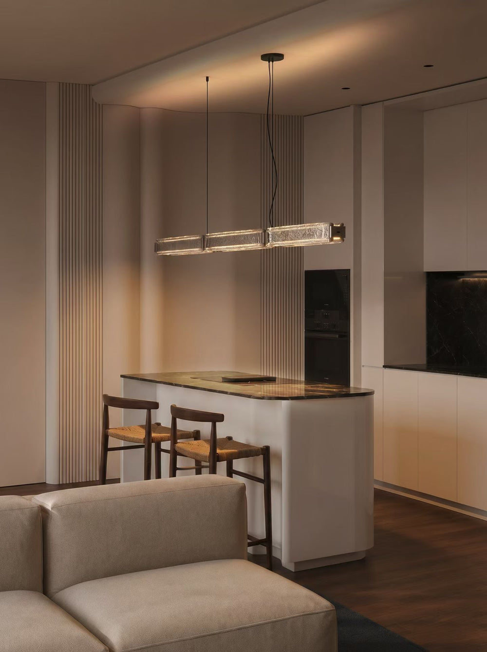 Modern Scandinavian interior featuring the Lucretia Arctic Linear Square Pendant Light suspended above a kitchen and dining area with minimalist architectural LED lighting.