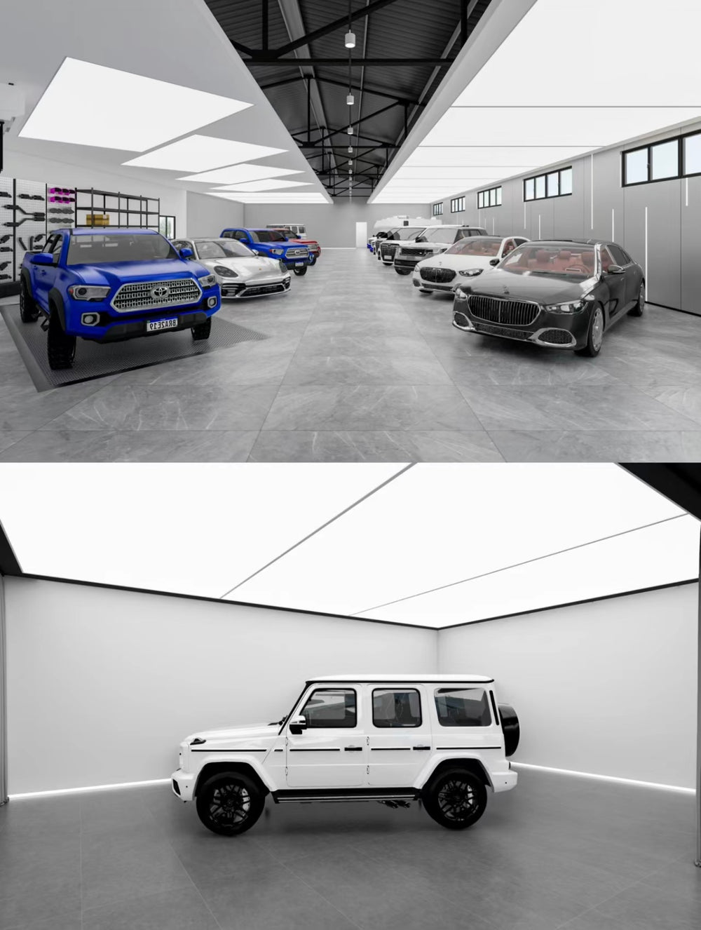 Lucretia automotive showroom stretch ceiling illuminating a large vehicle display and detailing bay.