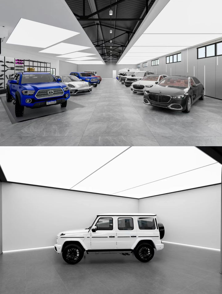 Lucretia automotive showroom stretch ceiling illuminating a large vehicle display and detailing bay.