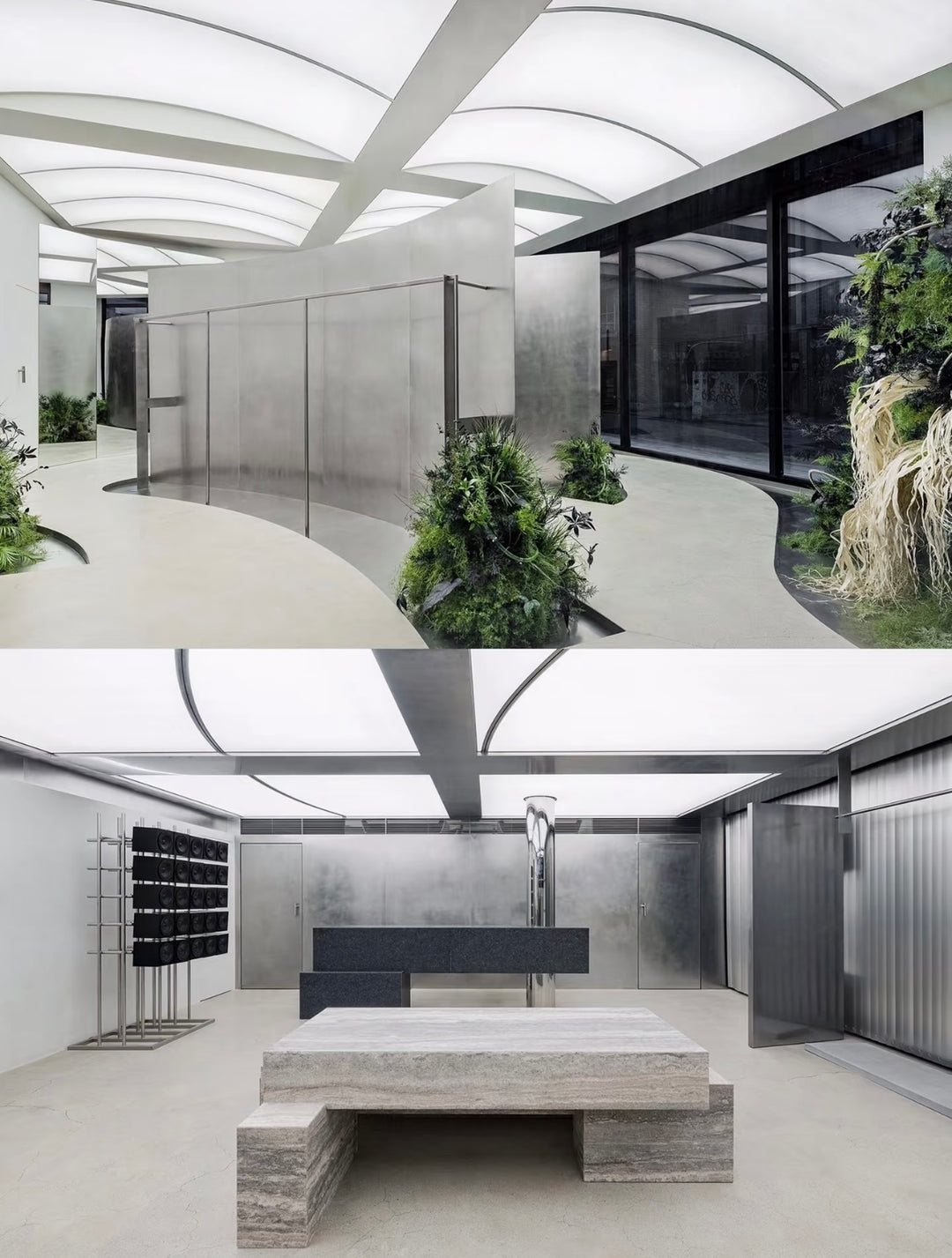 Lucretia backlit stretch ceiling panel illuminating a retail display area with modern interior styling.