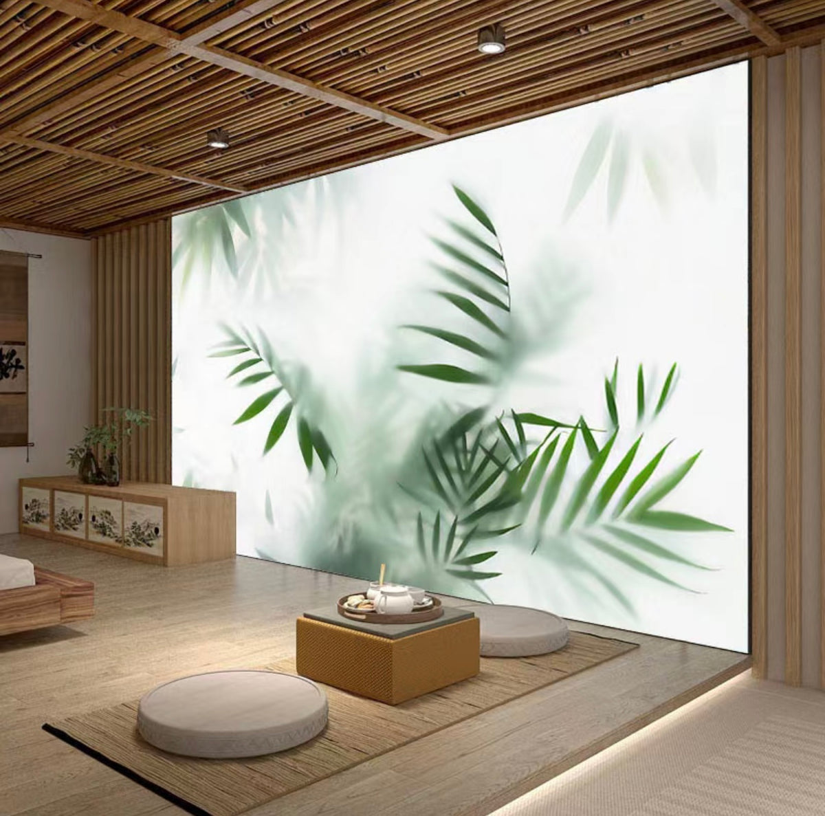 Lucretia botanic greenery LED light box used as a large feature wall creating a soft biophilic ambience in a wellness space.