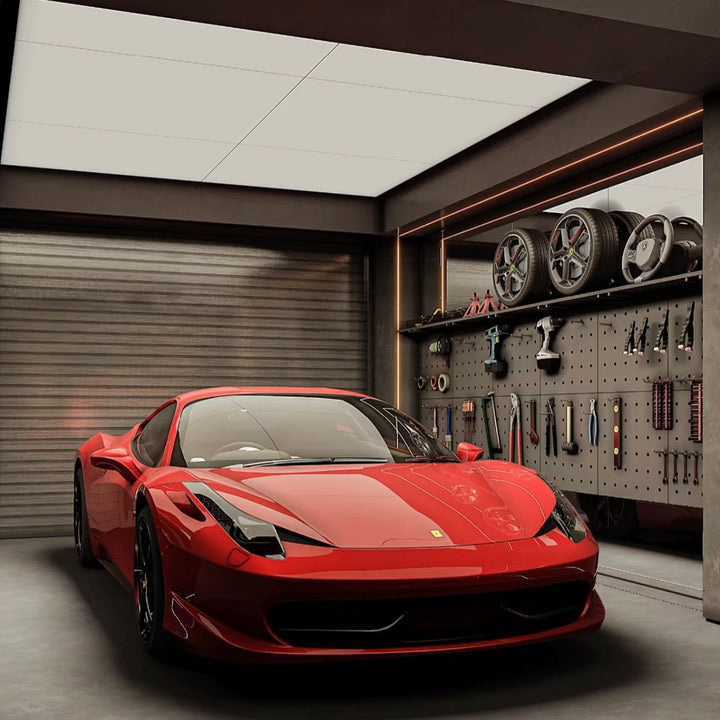 Lucretia LED stretch ceiling creating a feature lighting bay for high-end vehicle presentation.