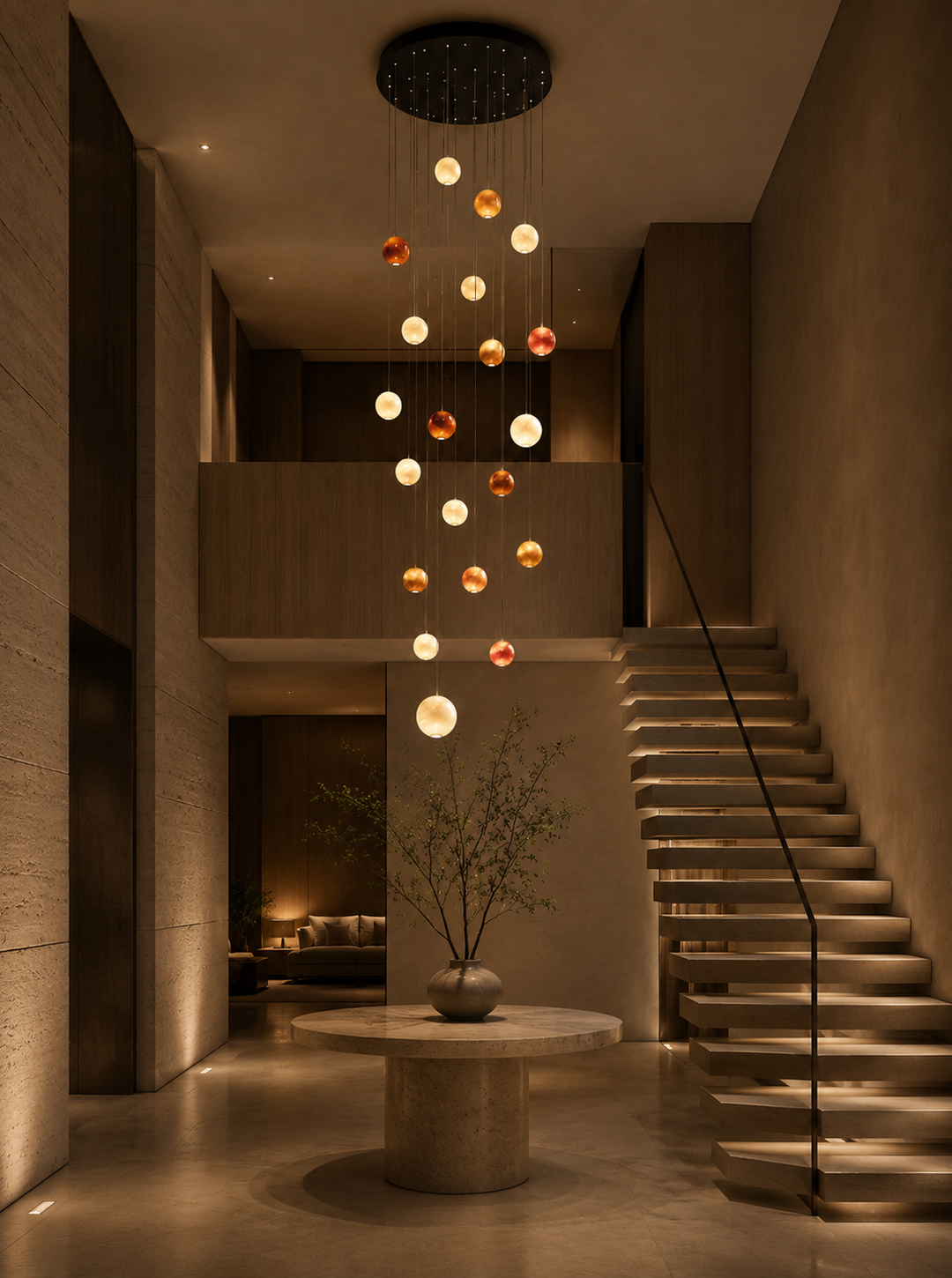 Cosmos natural agate staircase chandelier in a luxury double-height residence featuring bespoke architectural pendant lighting.