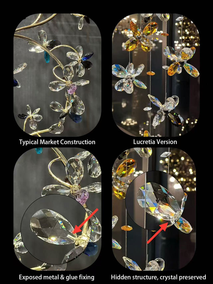 Comparison of crystal blossom lighting construction showing typical market exposed metal and glue fixing versus Lucretia’s hidden structure design that preserves crystal clarity and premium finish.