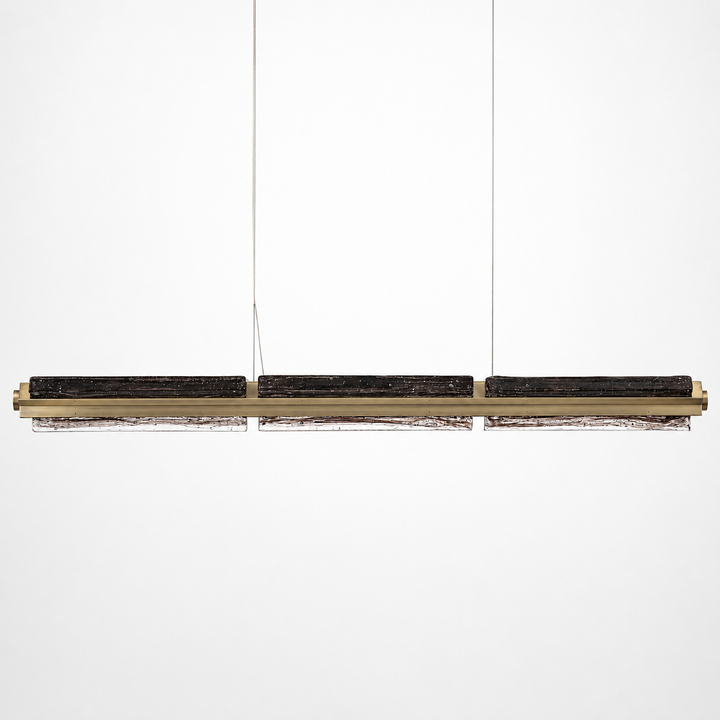 Custom length linear pendant light with European hand-blown textured glass.