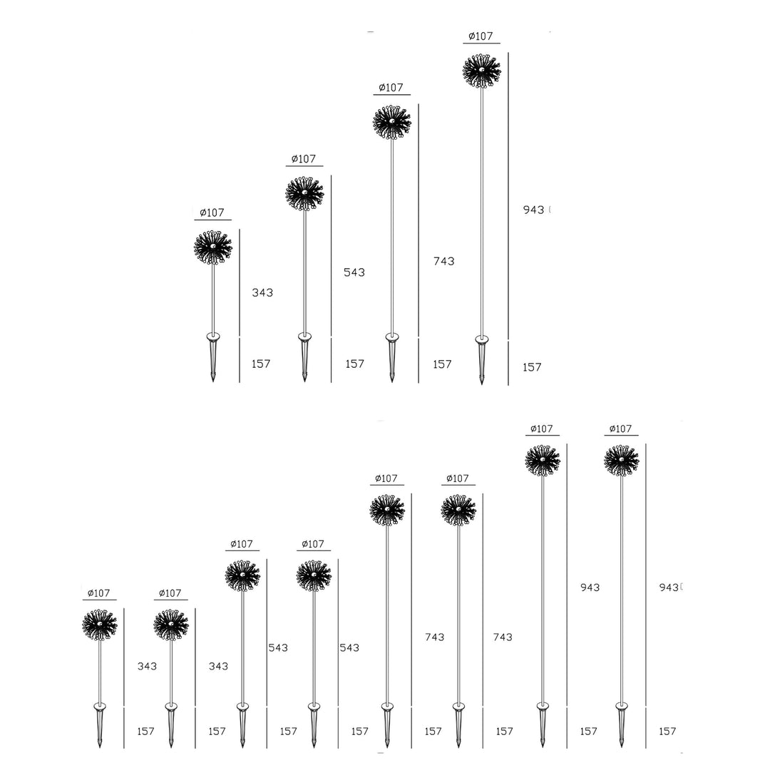 Dimensions and height options for Lucretia dandelion landscape spike lights
