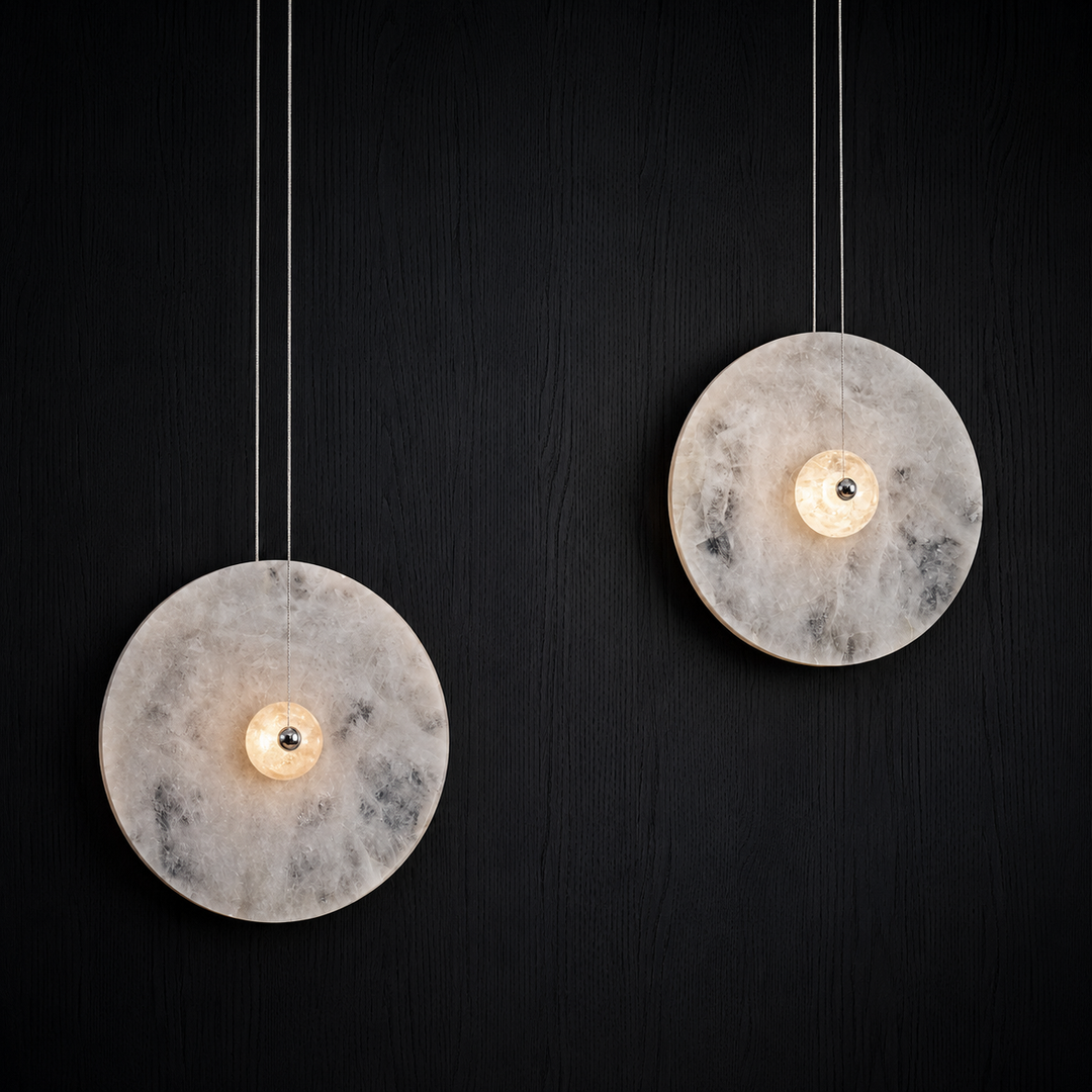 Natural stone pendant light showcasing the hand-polished stone texture for modern luxury interiors.
