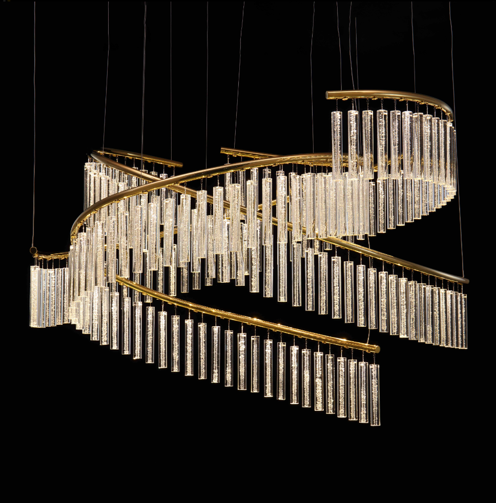 Lucretia Eden custom pendant 16A with dual curved brass frame and cascading crystal glass tubes for luxury architectural lighting