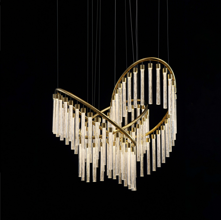 Lucretia Eden custom pendant featuring sculptural crystal glass tubes and curved brass frame for luxury stair void lighting