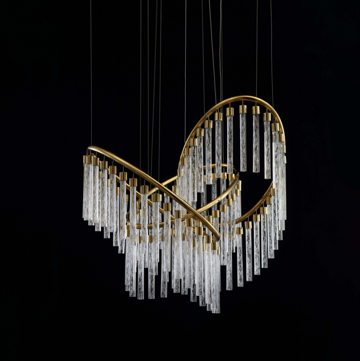 Floating installation view of Lucretia Eden custom pendant with cascading glass tubes for luxury interior feature lighting