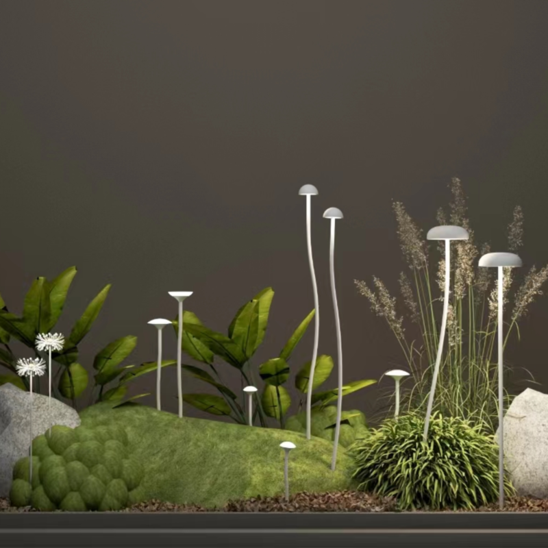 Dandelion spike lights used as feature lighting in a night-time garden landscape