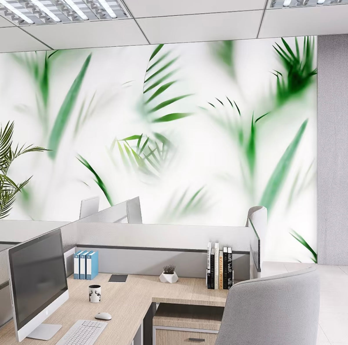 Lucretia greenery LED fabric light box panel providing a biophilic wall feature for cafés and interior spaces.