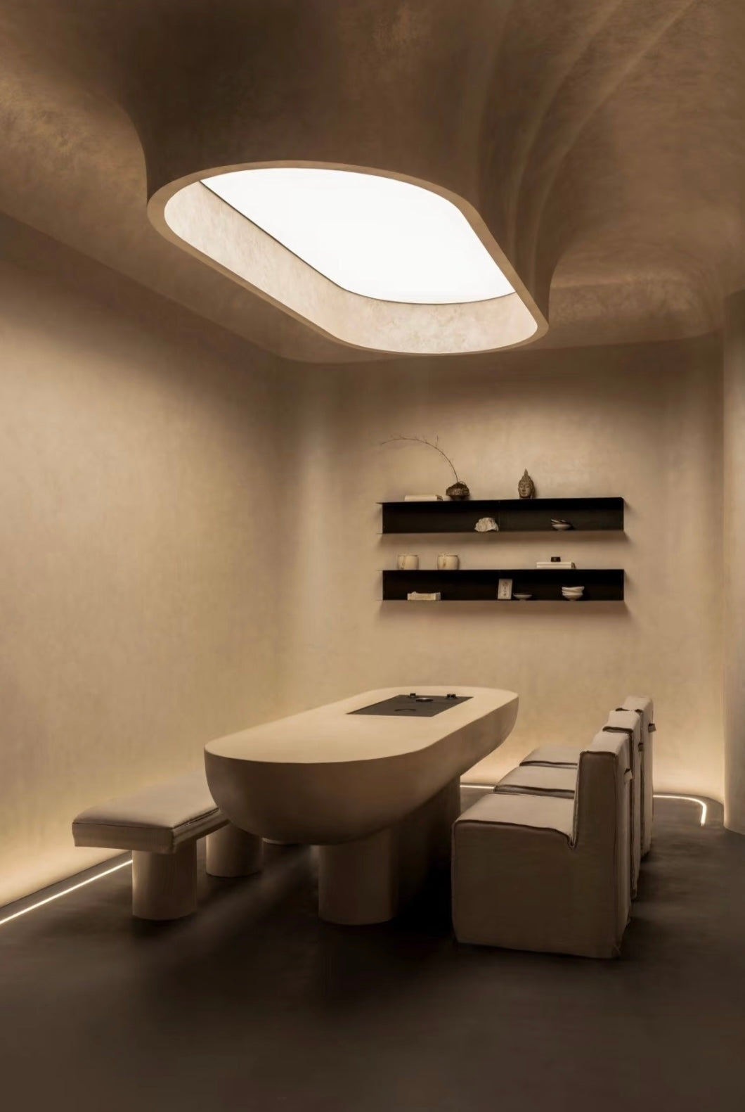 Lucretia stretch ceiling panel in a private dining room providing warm, uniform illumination.