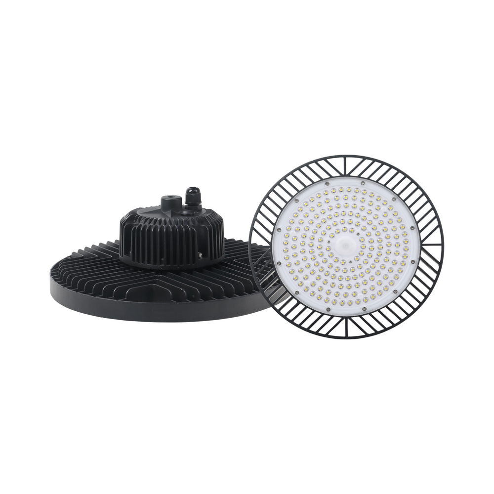 LED highbay light showing removable anti-glare shade design for flexible light distribution