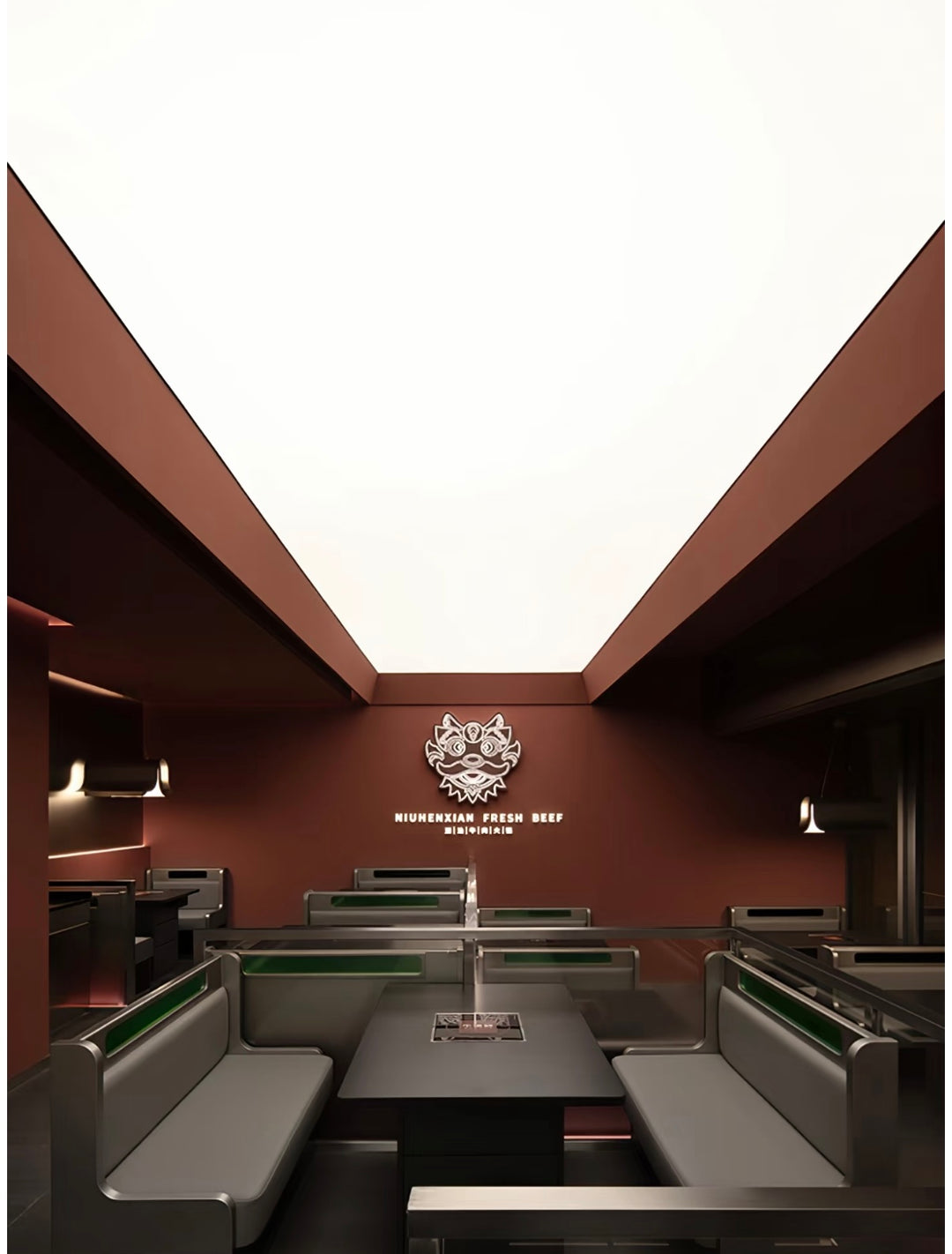 Lucretia LED stretch ceiling installed along a restaurant’s central walkway for even, inviting lighting.