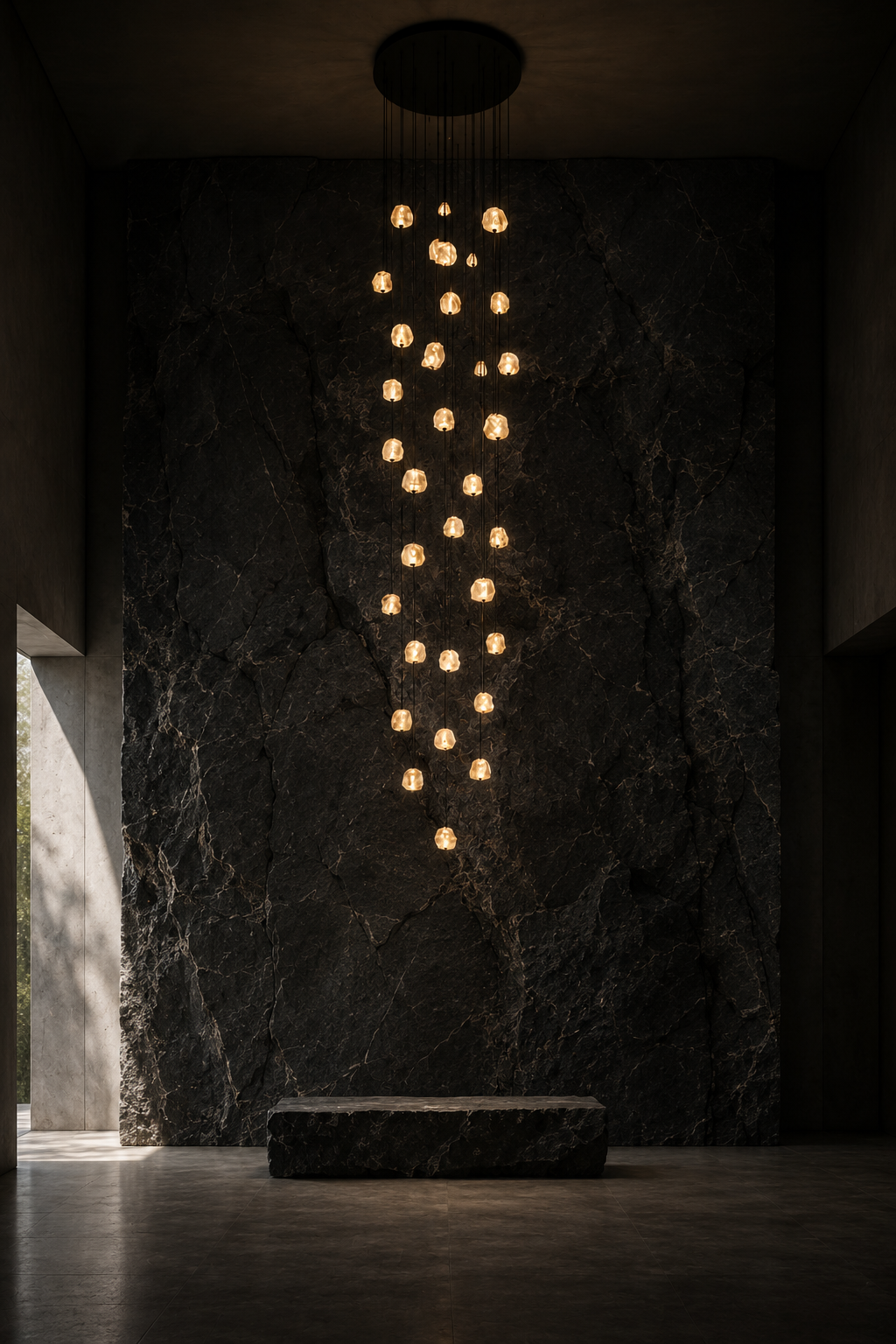 Aether Brazilian Natural Crystal Pendant Light installed against a dramatic black stone wall, creating a luxury architectural lighting statement.
