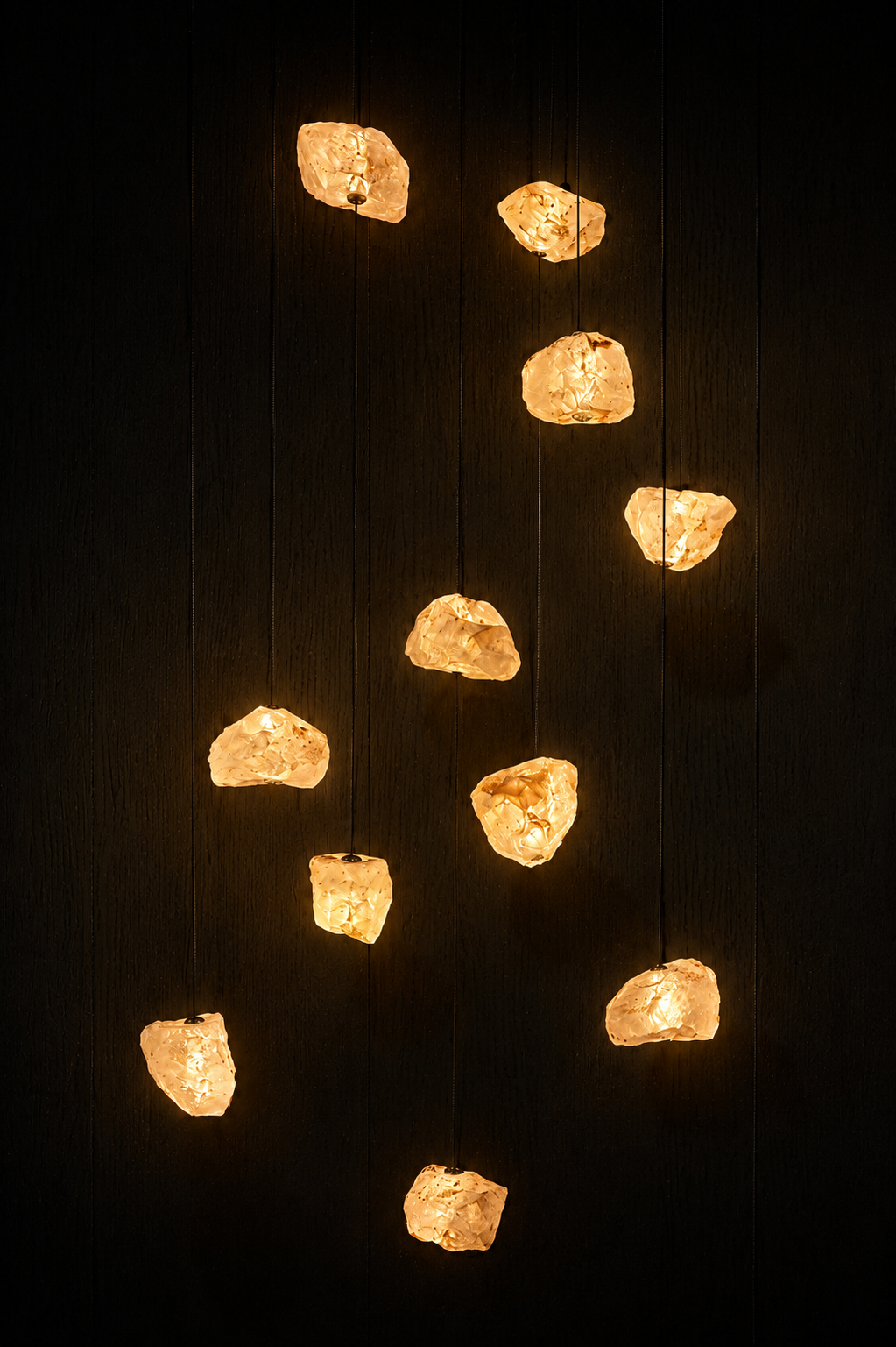 Aether Natural Brazilian Crystal Pendant Light featuring 33 hand-selected crystal pendants suspended in a bespoke luxury architectural lighting installation.