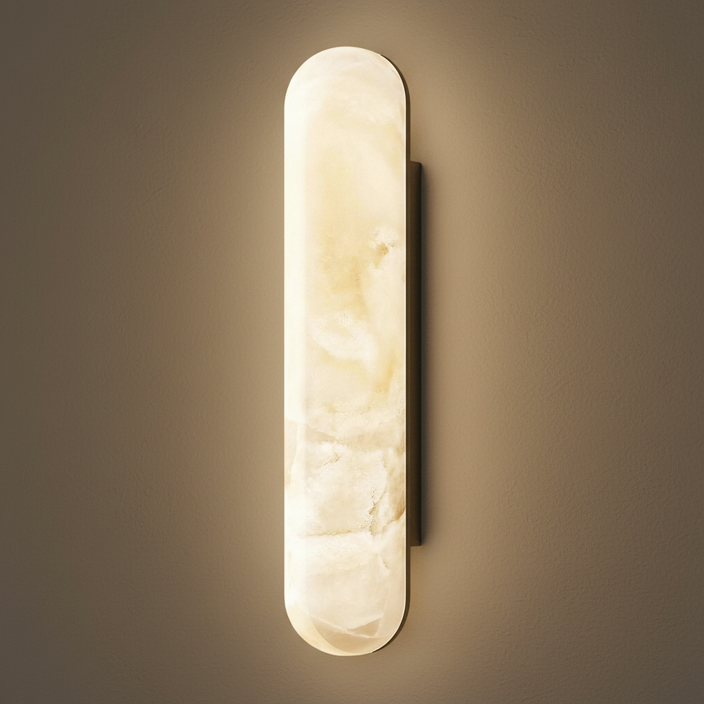 Alabaster Arc wall light with rounded alabaster form providing warm ambient lighting ideal for modern interiors and decorative wall lamp applications.