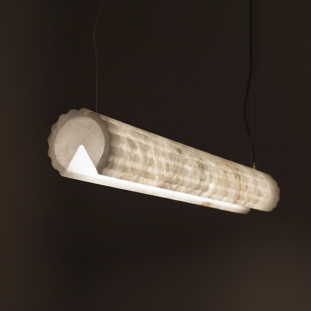 end view of Alabaster Flute LED linear pendant light in glowing Spanish alabaster for contemporary dining and kitchen lighting