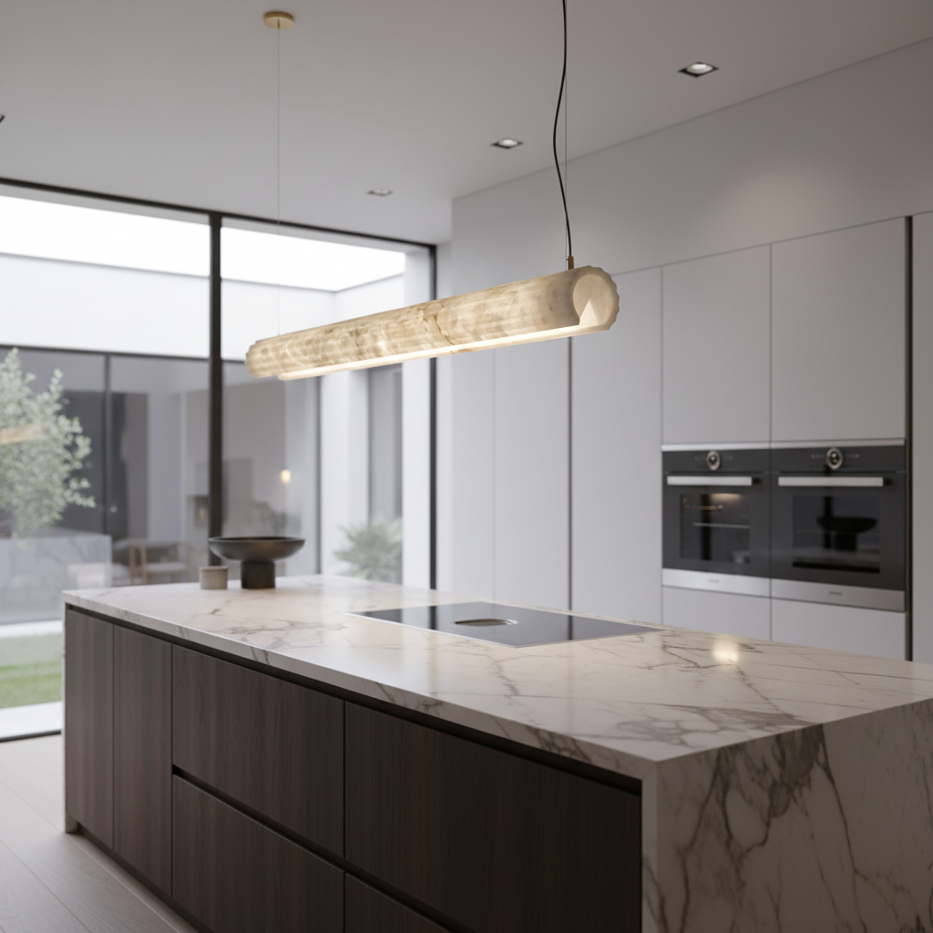 Alabaster Flute LED linear pendant light in natural Spanish alabaster over a modern kitchen island with warm designer lighting