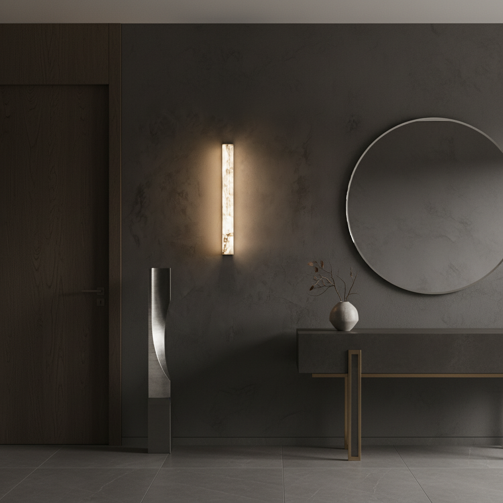 Alabaster Flute wall light illuminating a contemporary hallway with soft ambient lighting ideal for interior lighting and modern decorative wall lamp design.