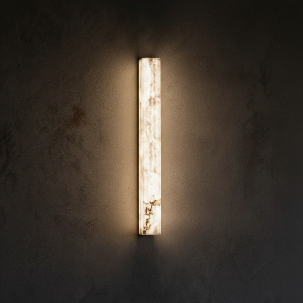 Alabaster Flute wall light with elongated sculptural alabaster form emitting warm ambient illumination ideal for modern interiors and decorative wall lighting.