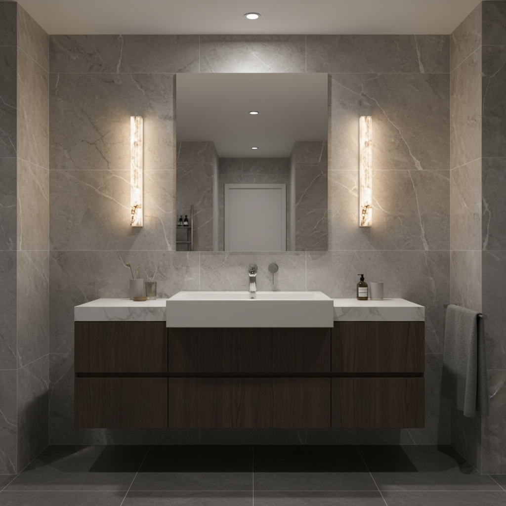 Alabaster Flute wall light providing warm diffused illumination in a contemporary powder room ideal for luxury interior lighting and designer wall lamp use.