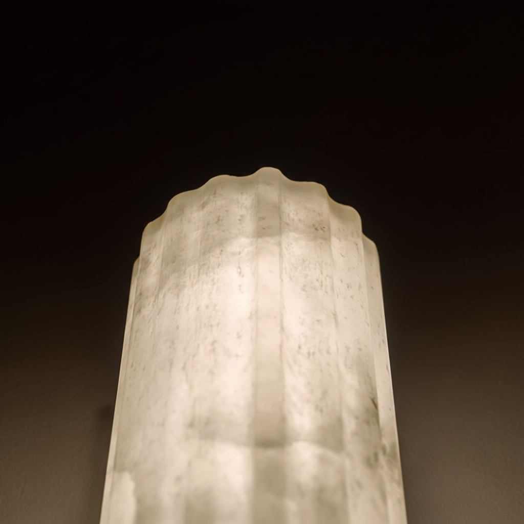 Alabaster Flute wall light close-up showing natural stone veining and textured alabaster surface ideal for decorative wall lighting and luxury interiors.