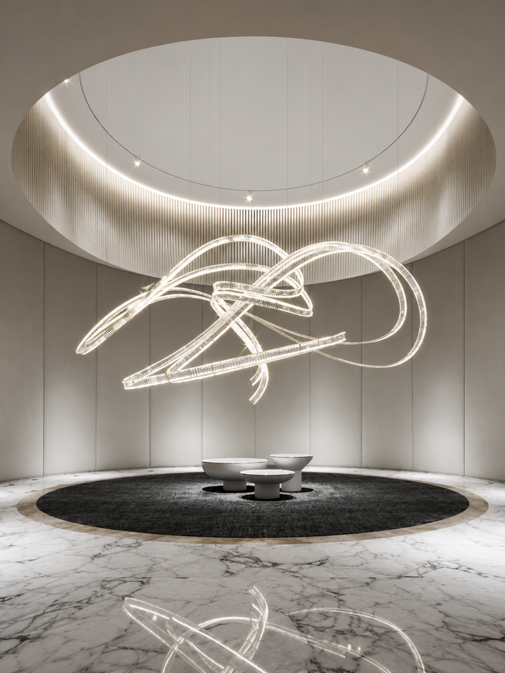 Lucretia Lighting Pharaoh Signature bespoke lighting installed in a commercial foyer showcasing a sculptural LED composition with fluid custom design