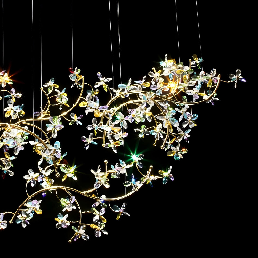 Lucretia Lighting Crystal Blossom bespoke pendant light featuring artisan crystal flowers in a layered arrangement for luxury custom lighting