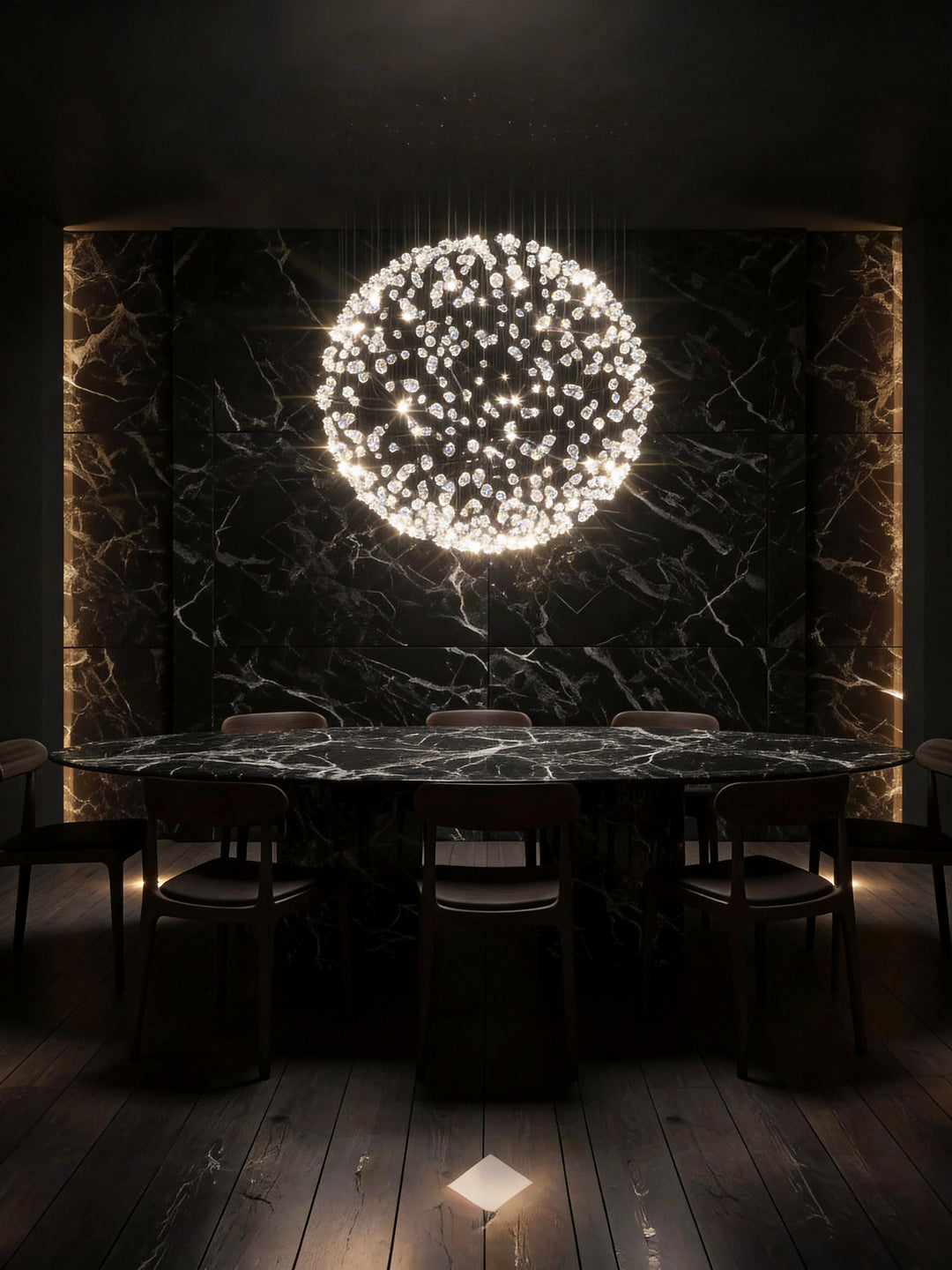 Lucretia Lighting bespoke sphere pendant light providing luxury custom lighting above a dining room setting with sculptural designer detailing