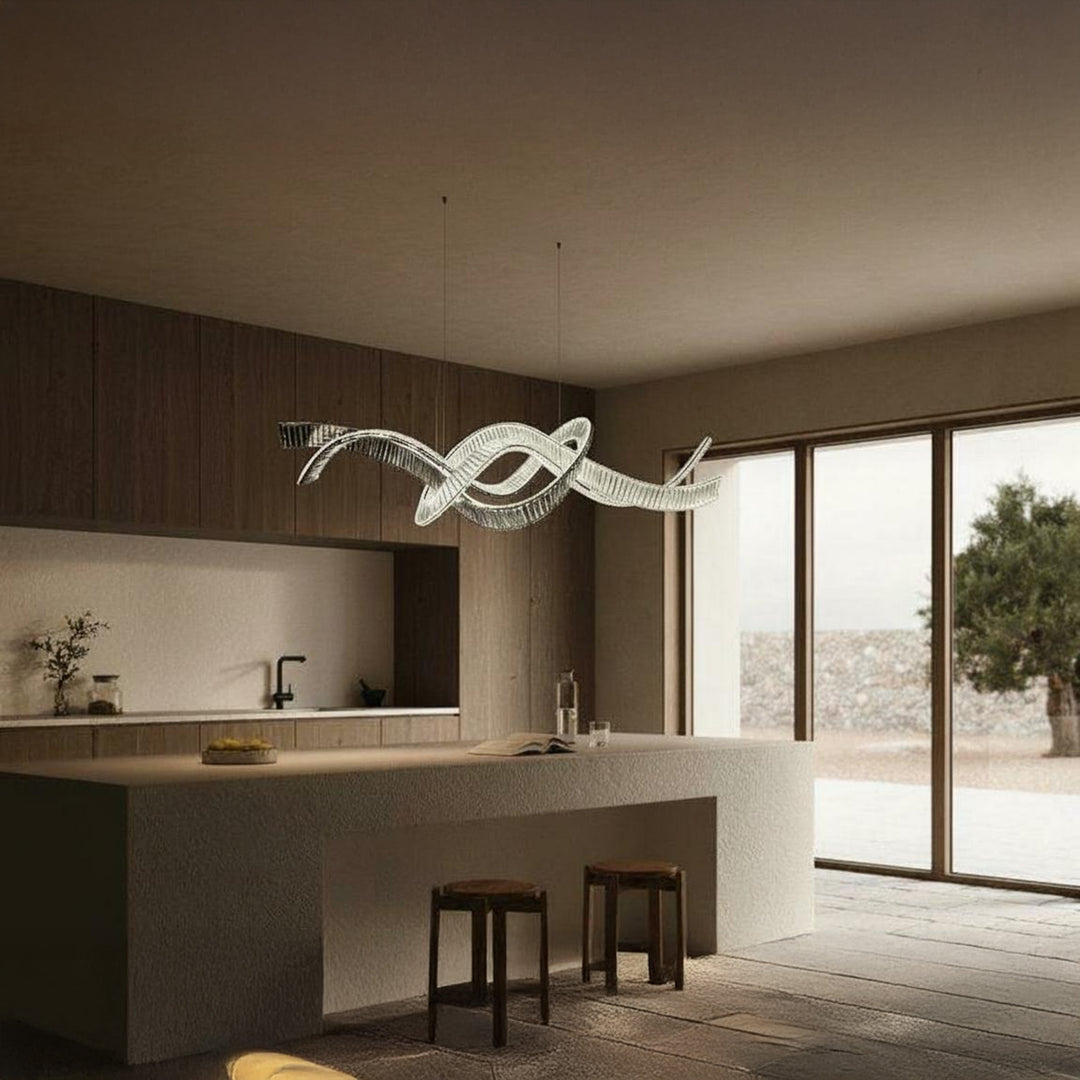 Lucretia Lighting Pharaoh Infinity 1850 Noir bespoke pendant light illuminating a modern kitchen island with sculptural luxury designer lighting