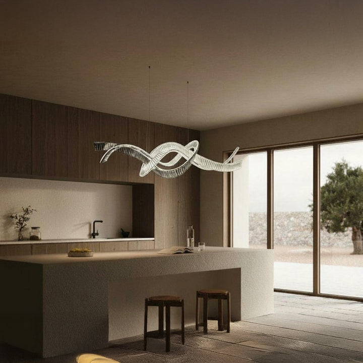 Lucretia Lighting Pharaoh Infinity 1850 Noir bespoke pendant light illuminating a modern kitchen island with sculptural luxury designer lighting