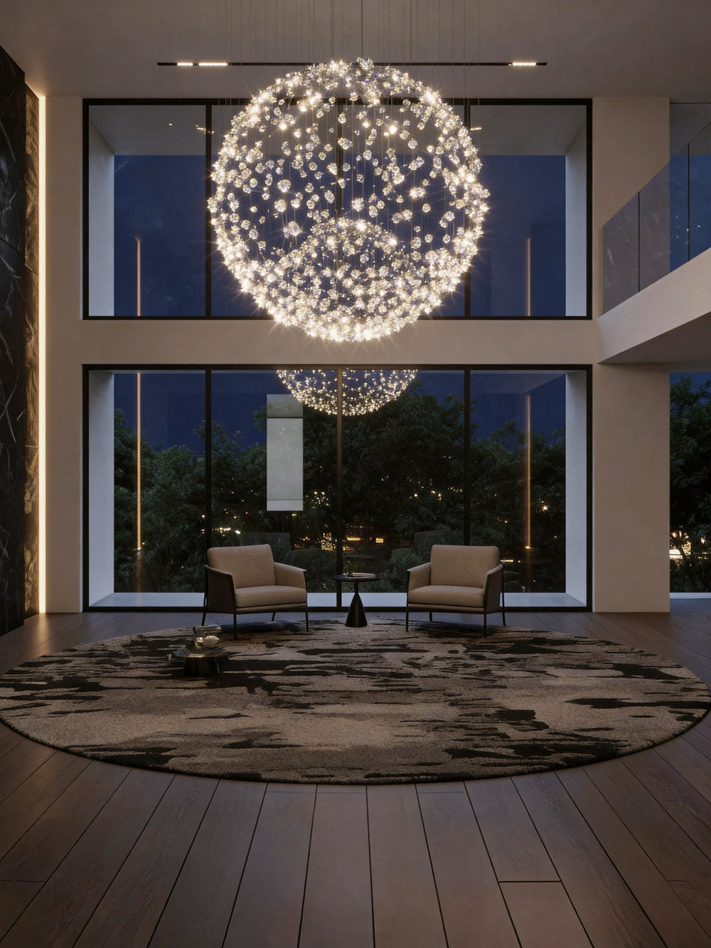 Lucretia Lighting bespoke sphere pendant light illuminating a double height foyer with luxury custom lighting and sculptural designer craftsmanship
