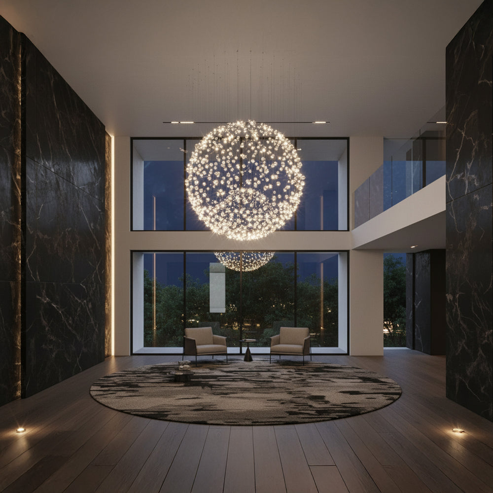 Lucretia Lighting bespoke sphere pendant light illuminating a double height foyer with luxury custom lighting and sculptural designer craftsmanship