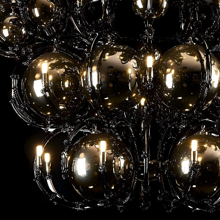 Lucretia Lighting Boom 1600 Chandelier black crystal feature lighting detail showing dramatic reflective glass spheres