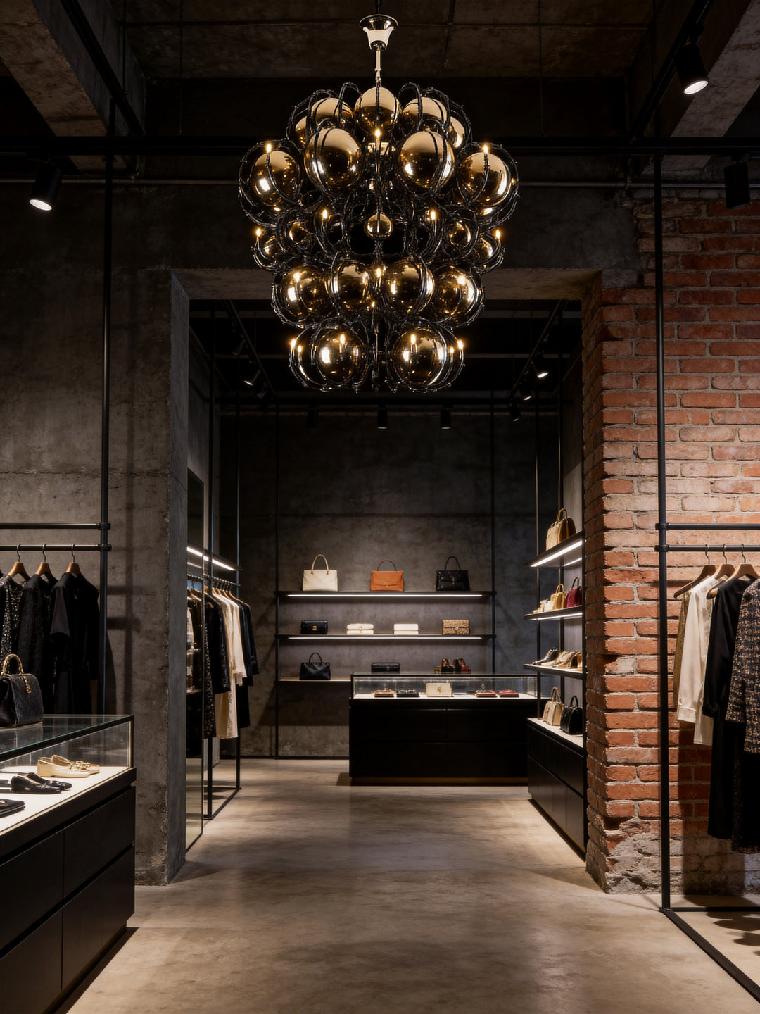 Boom 1600 Chandelier by Lucretia Lighting installed in a luxury fashion boutique, featuring clustered smoked bronze globe pendants with black metalwork frames above a high-end retail interior