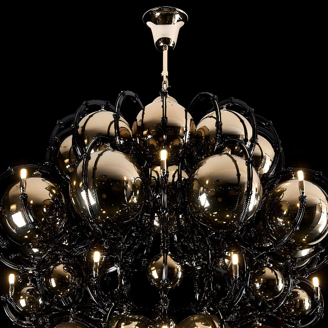 Lucretia Lighting Boom 1600 Chandelier sculptural ceiling light with modern luxury design and smoked glass sphere accents