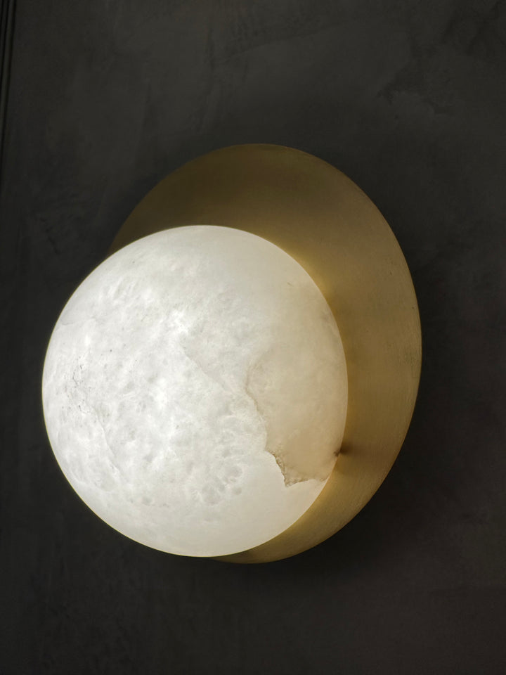 BrassAura 160 alabaster wall lamp sculptural stone sphere brass base LED wall light for luxury interiors hallway bedside lighting