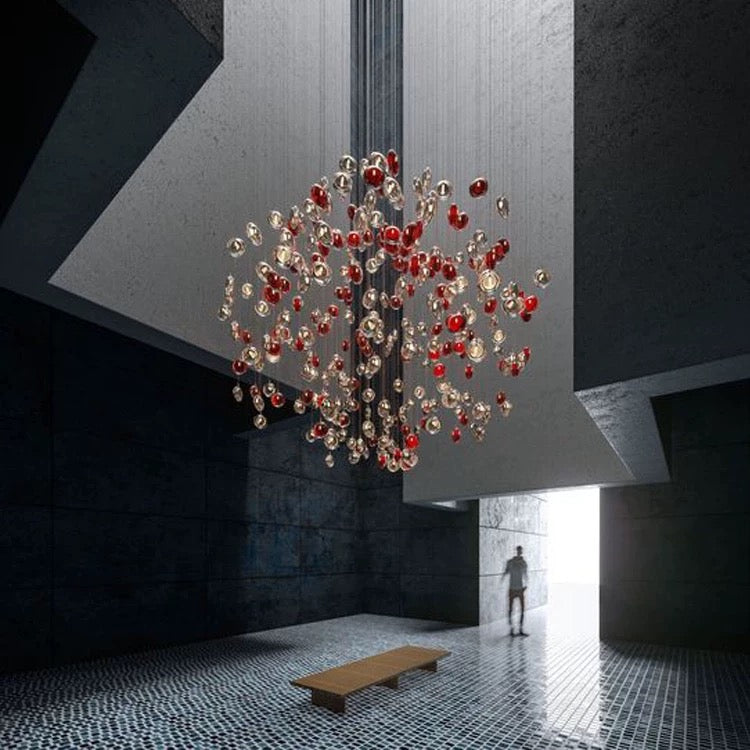 Lucretia Lighting BubbleGlow bespoke red glass sphere sculptural chandelier for modern feature spaces