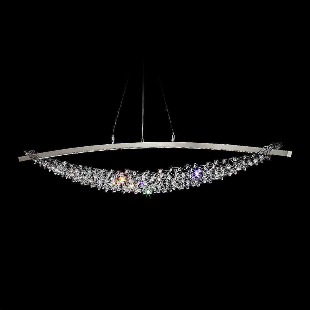 Lucretia Lighting Celestial Arc crystal chandelier with curved stainless steel frame and Egyptian Asfour crystals suspended above luxury dining table